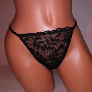 Thong Panty V String Medium Large M/L Solid Black Lace
